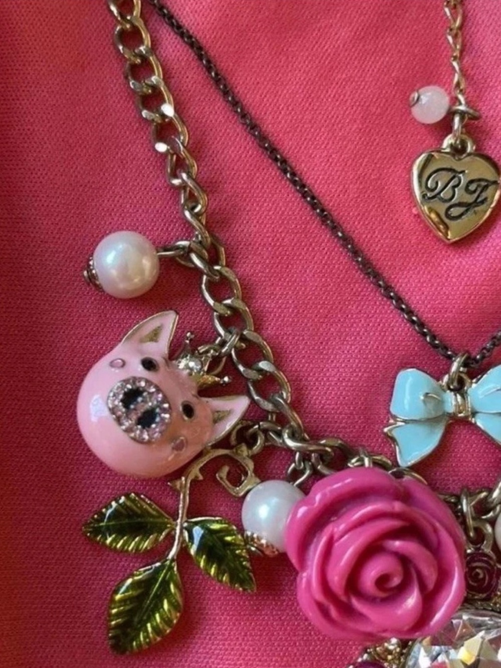 Vintage Betsey Johnson Pink Floral & Charm Statement Necklace - Picture 4 of 6